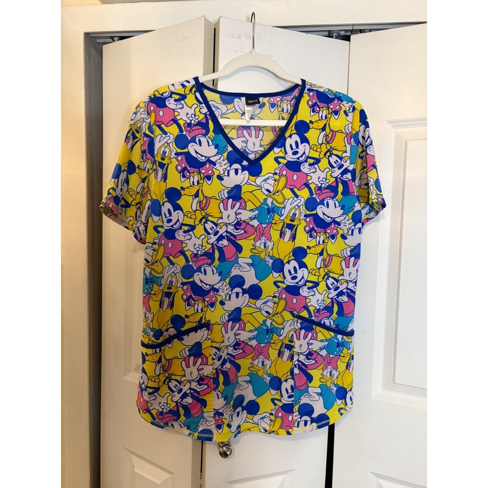 Disney Minnie & Friends Scrub Top Medium‎ – Colorful Toon Print w/ Pockets